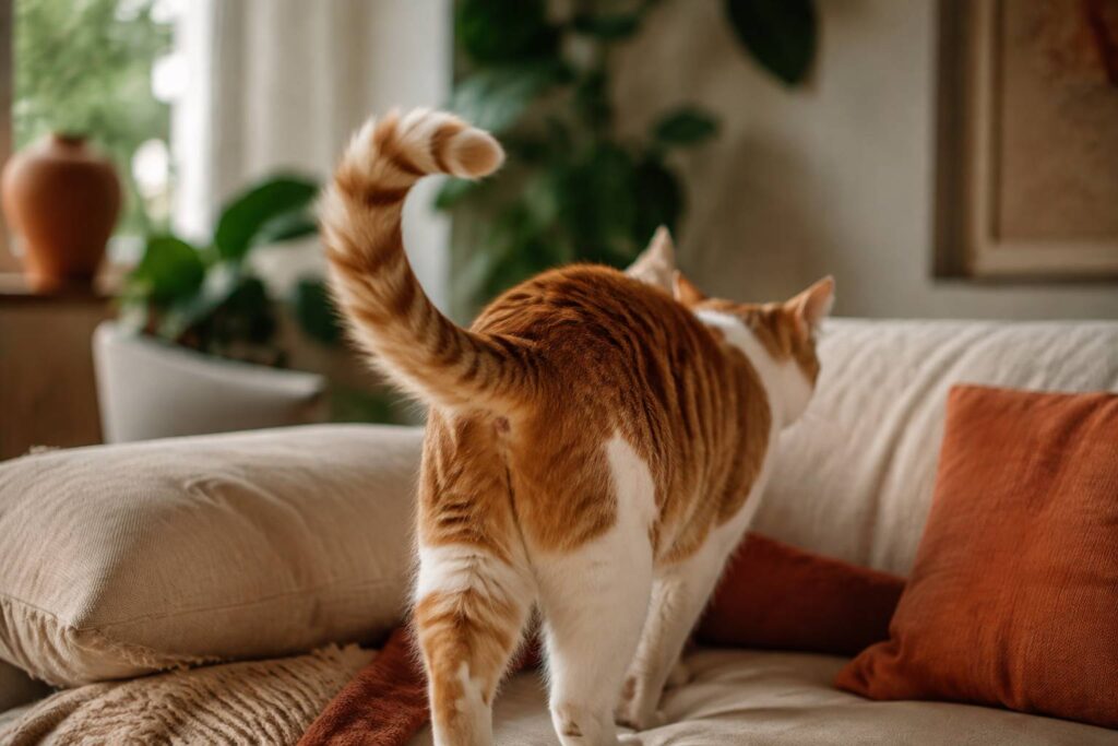 Chat roux et blanc vu de dos sur un canapé, queue relevée