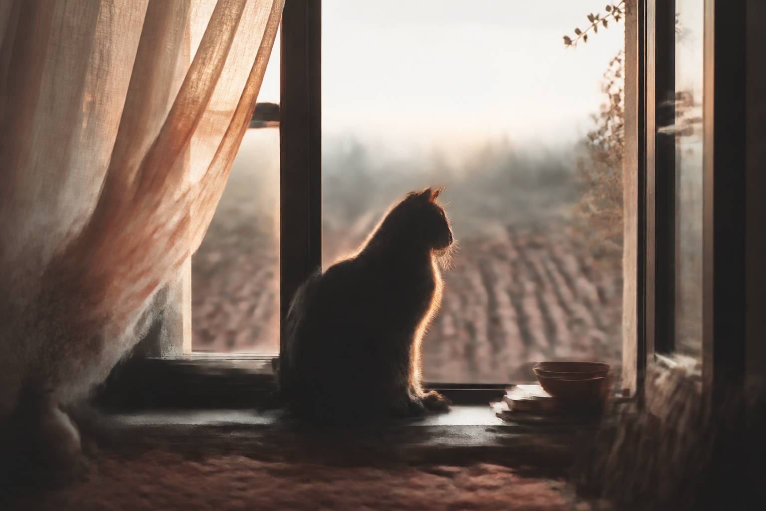 Chat en silhouette sur le rebord d'une fenêtre dans une lumière de contre-jour