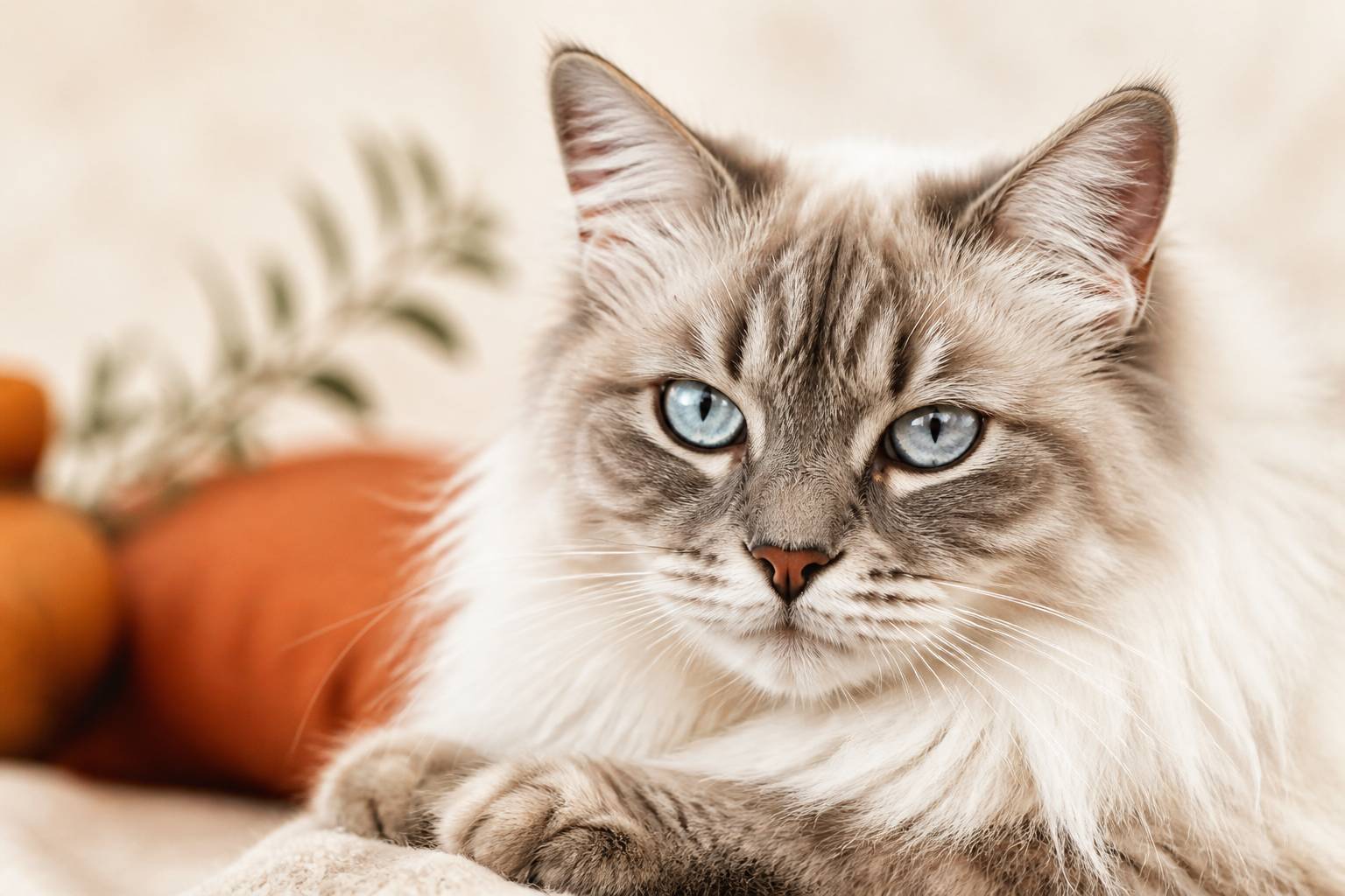 Visage d'un chat aux yeux bleus avec un pelage long