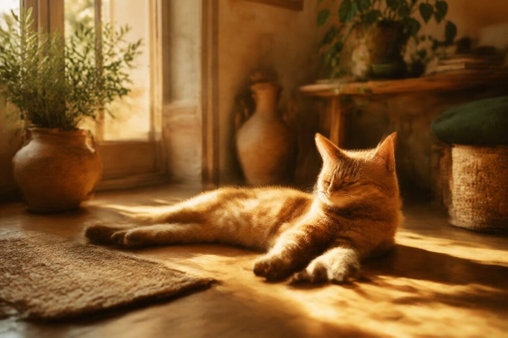 Chat tigré roux étiré dans un rayon de soleil sur un plancher en bois