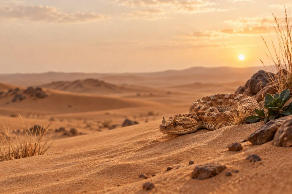 Illustration éditoriale du sujet : La vipera cornuta (Cerastes cerastes): un serpente affascinante del deserto