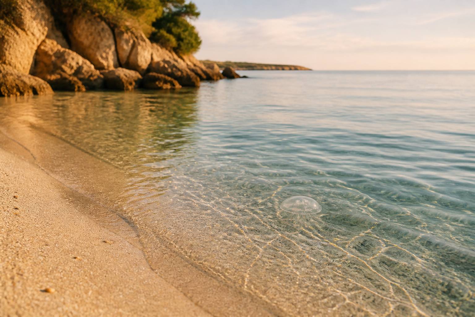 Plage de sable au bord d'une mer calme avec une méduse visible au loin
