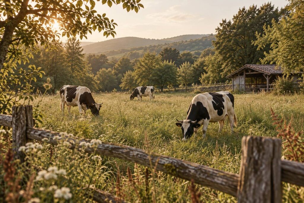 Petites vaches pie noir et blanc broutant dans une prairie en lisière de bois