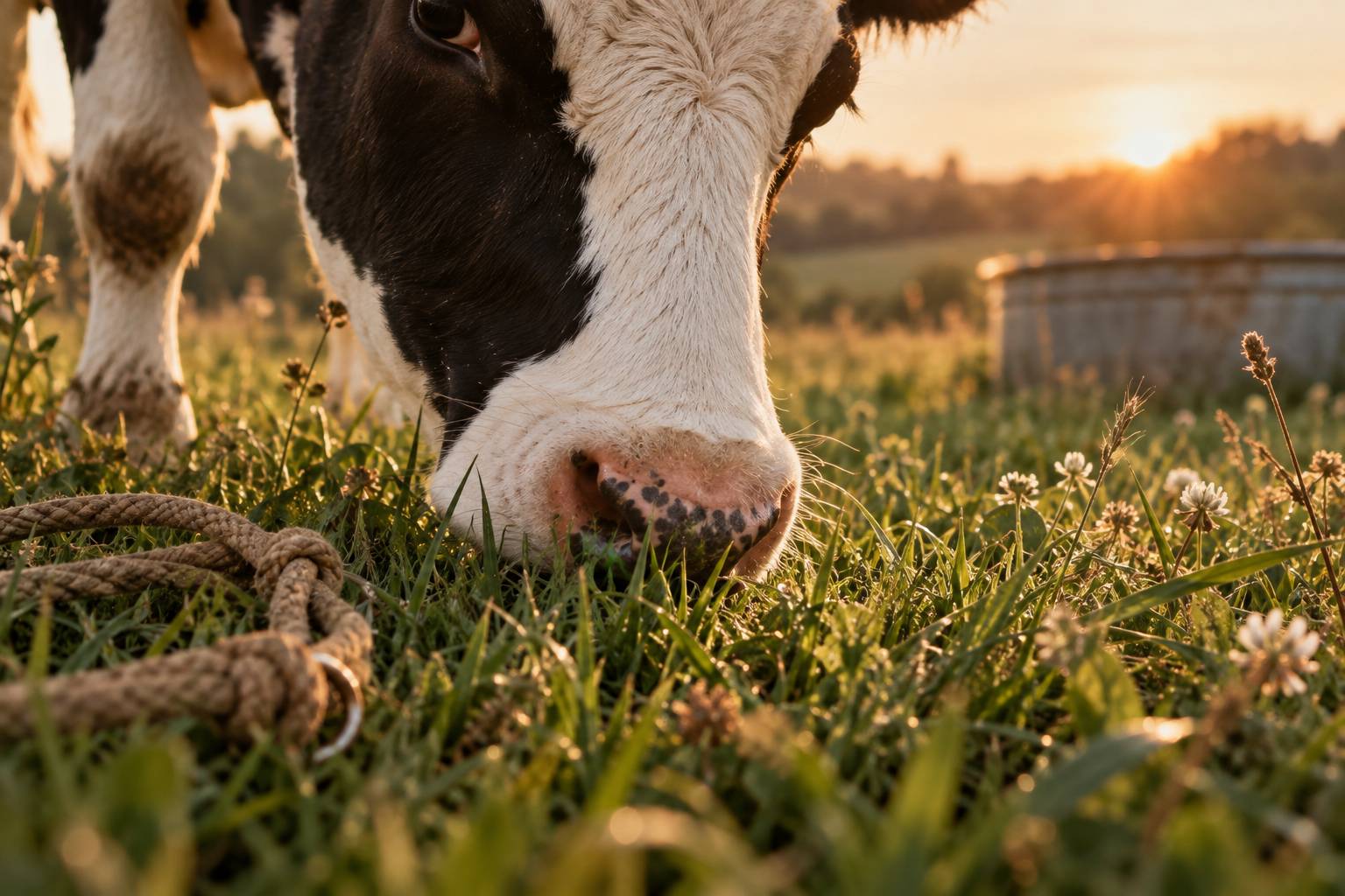 Museau d'une petite vache pie broutant l'herbe près d'un abreuvoir