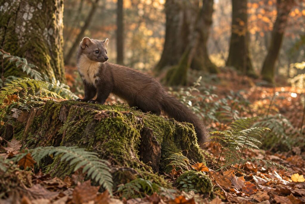 Petit mustélidé sur une souche moussue dans un sous-bois forestier