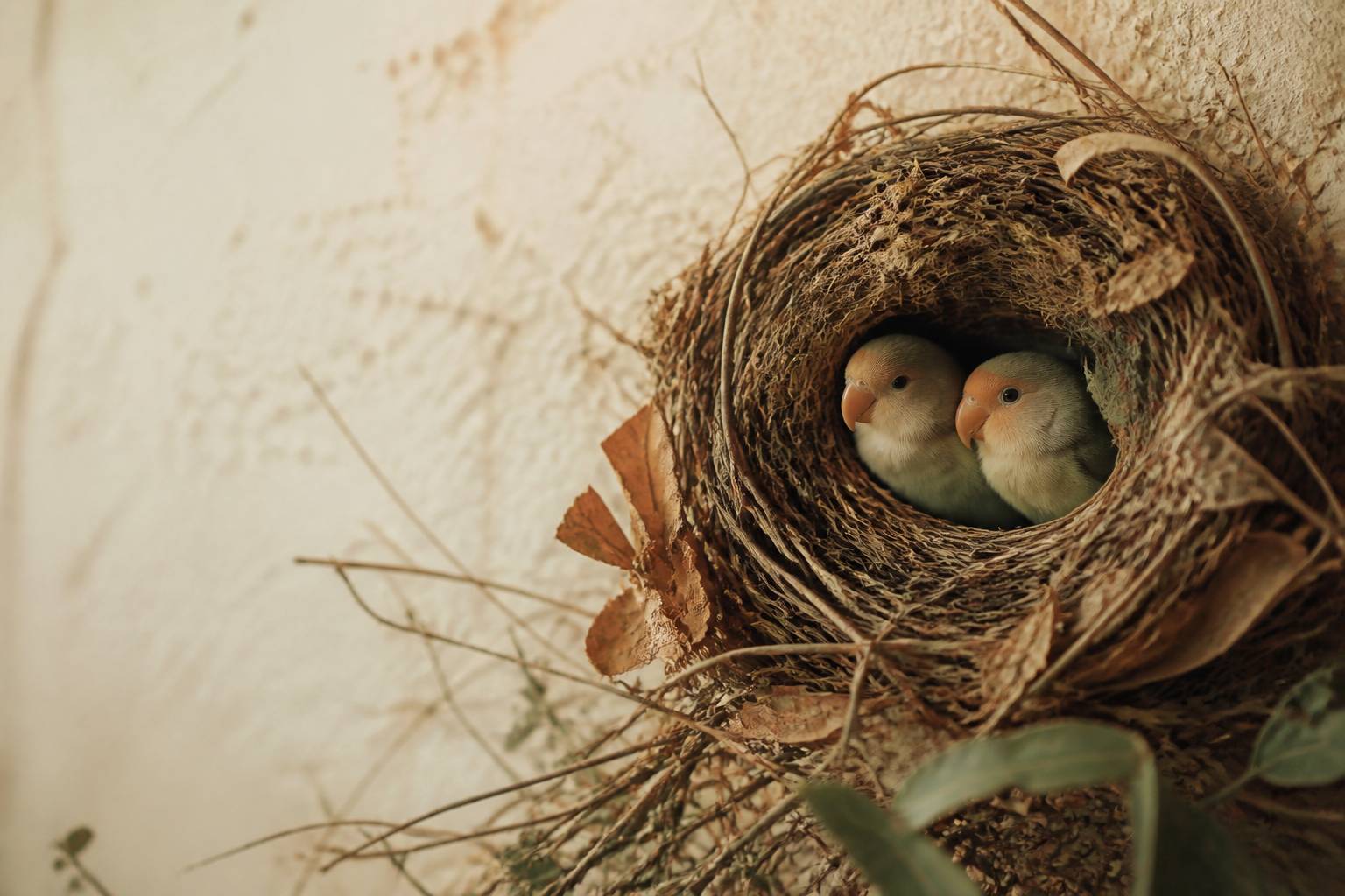 Nid d'inséparables tissé de brindilles et de fibres végétales dans une cavité naturelle
