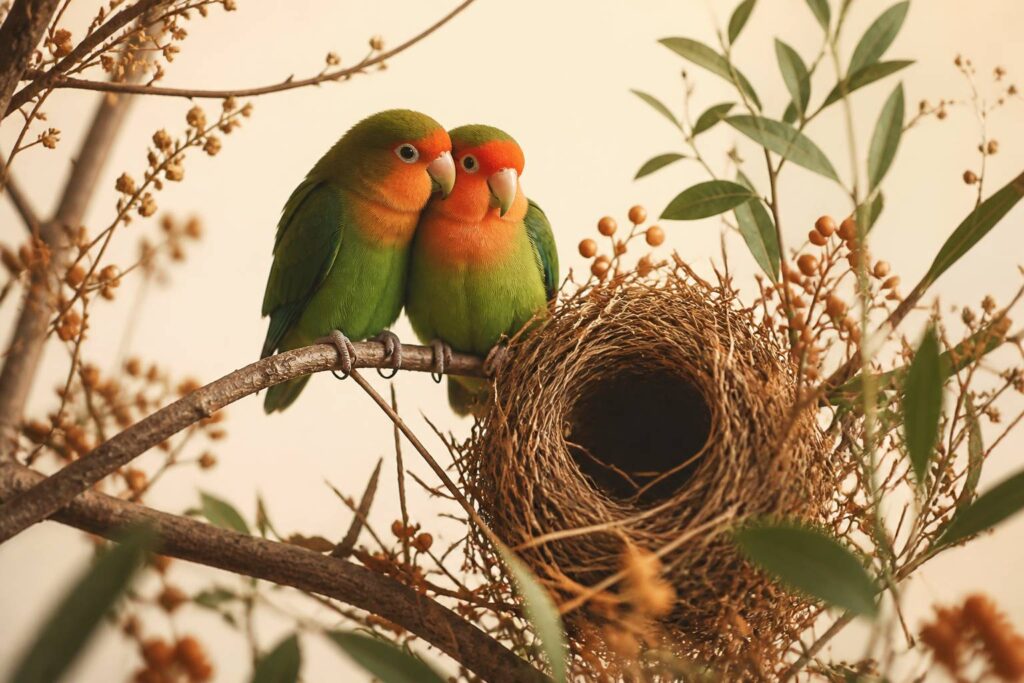 Couple de perroquets inséparables aux plumes vertes et orange près d'un nid tissé