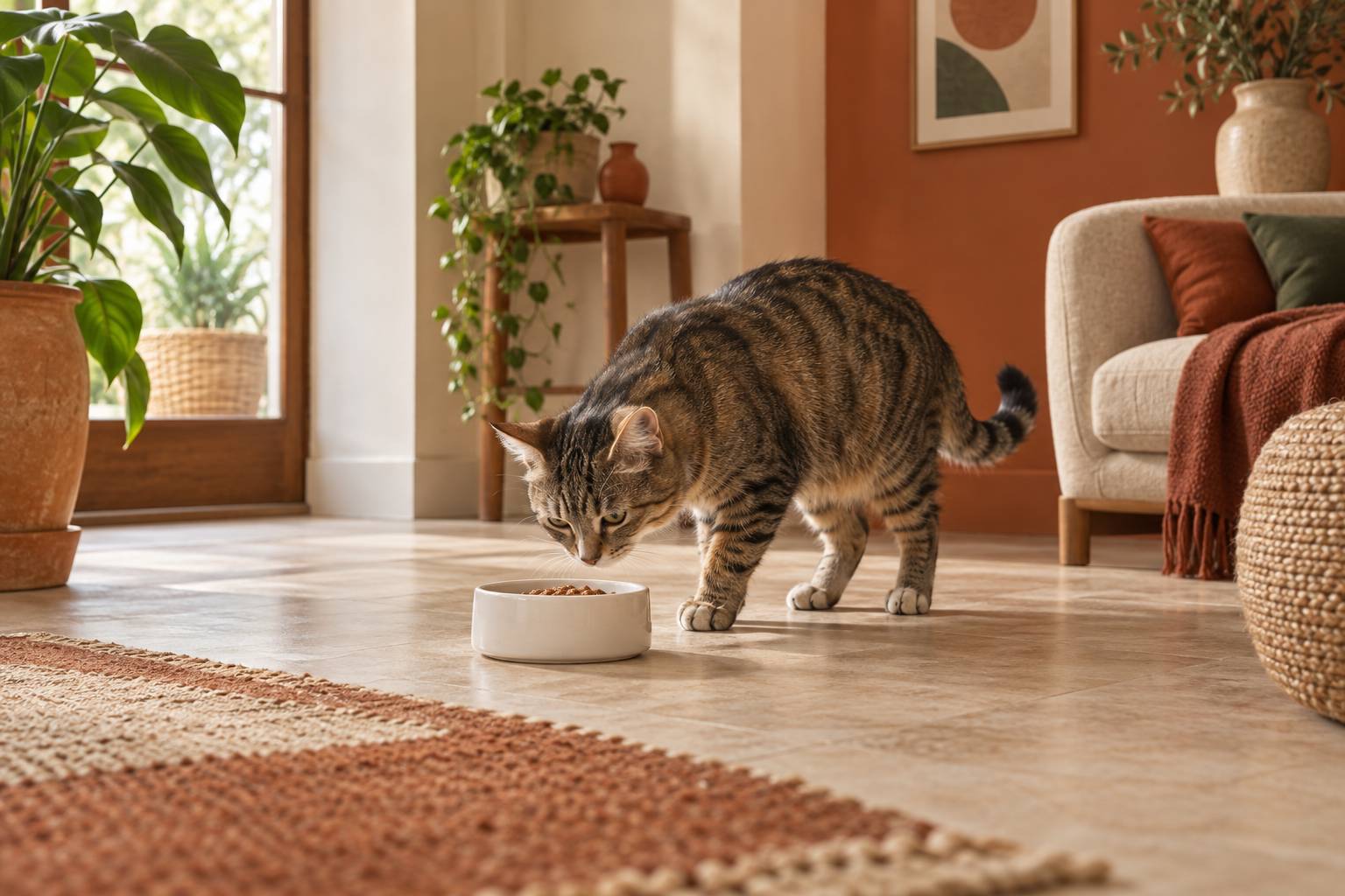 Illustration éditoriale du sujet : Perché il gatto annusa il cibo senza poi mangiarlo? Scopri le ragioni dietro questo comportamento felino