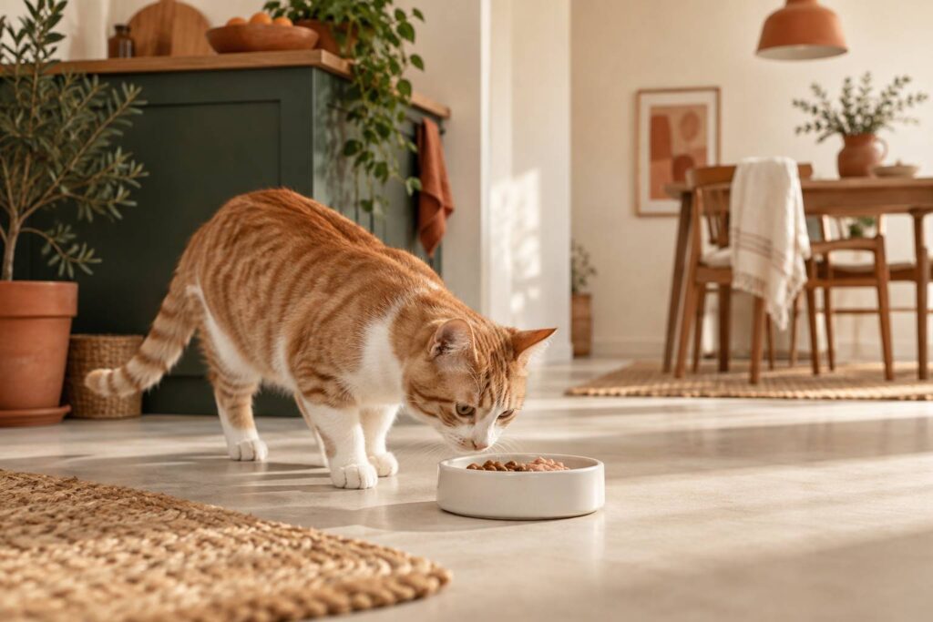 Illustration éditoriale du sujet : Perché il gatto annusa il cibo senza poi mangiarlo? Scopri le ragioni dietro questo comportamento felino