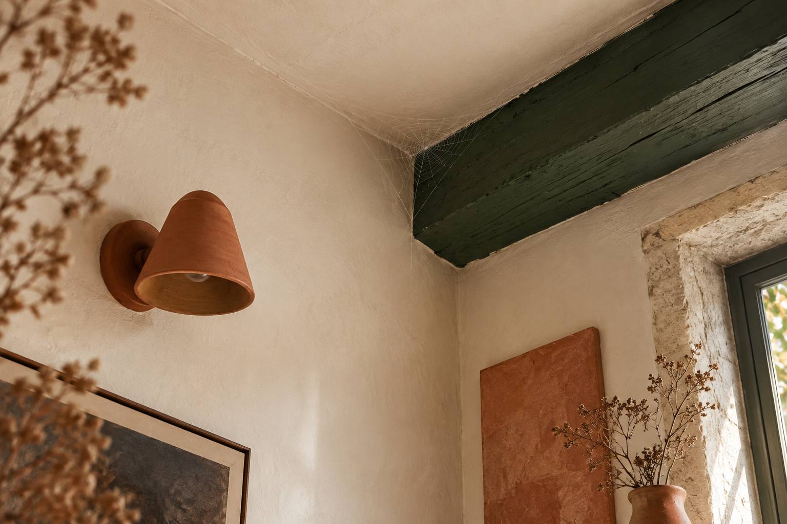 Toile discrete dans l'angle d'un plafond pres d'une lampe murale