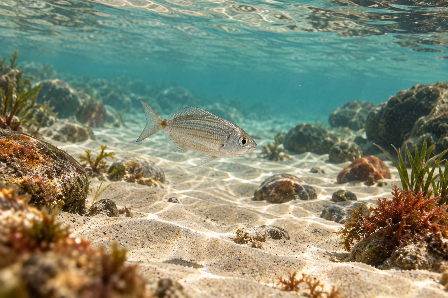 Petit poisson argente et raye vu de pres dans une eau peu profonde