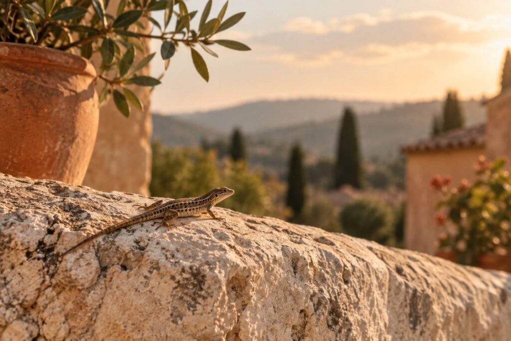 Petit lezard brun tachete au corps allonge pose sur un mur de pierre claire