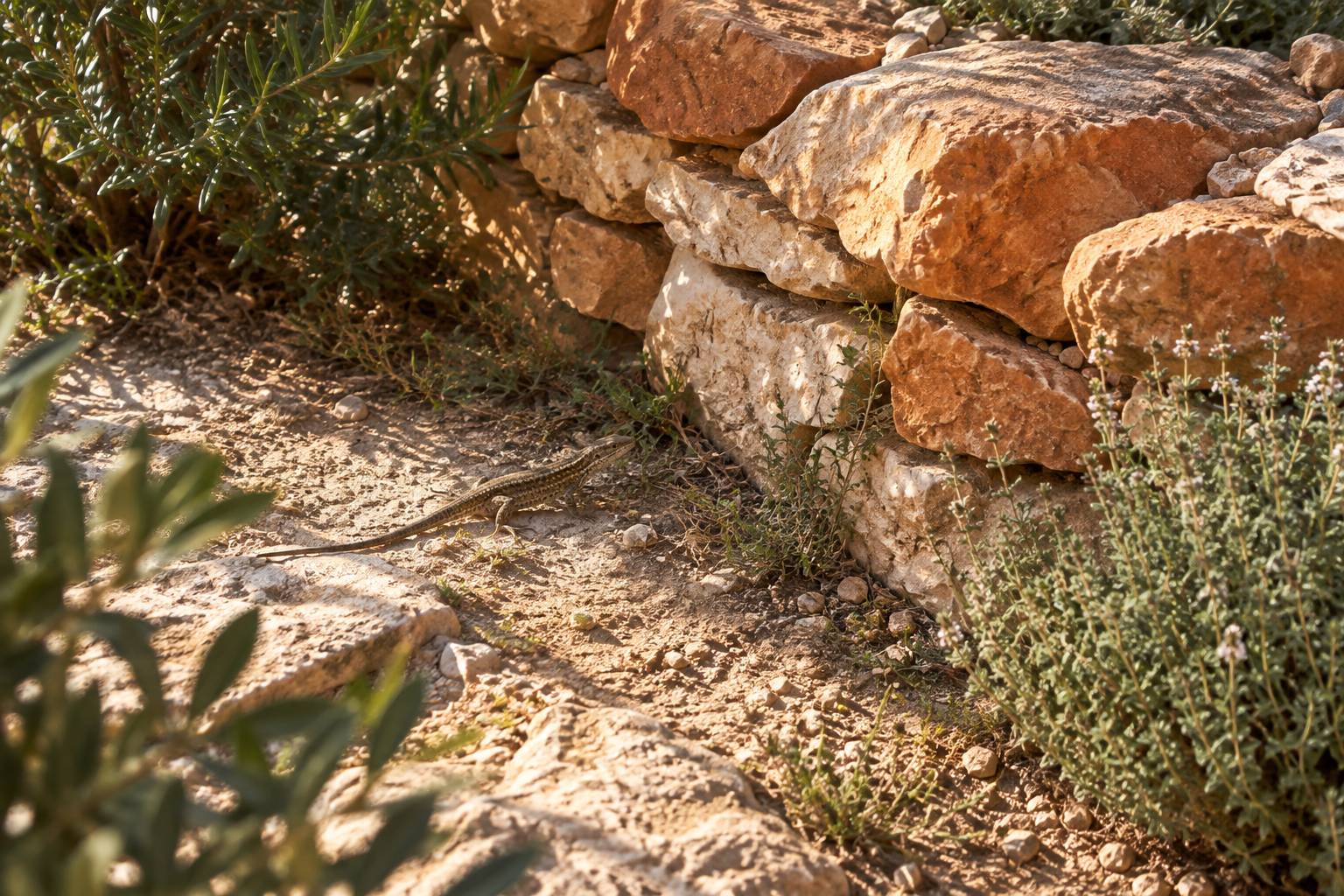 Petit reptile allonge se deplacant pres d'un muret dans un jardin