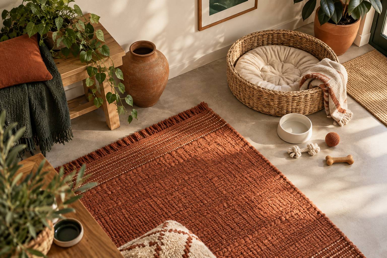 Panier en osier, laisses et gamelle poses dans un interieur chaleureux