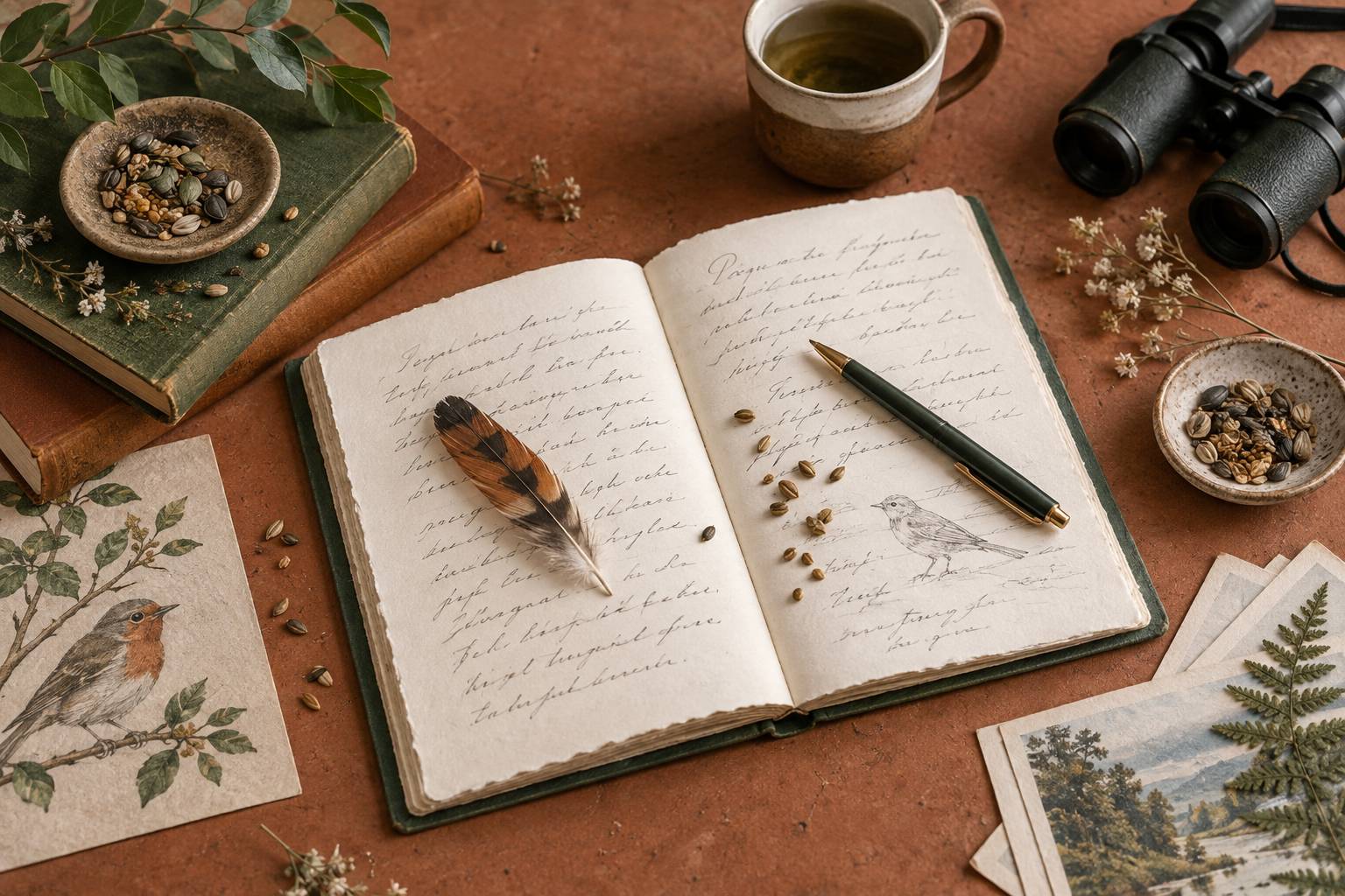 Vue large sur un carnet ouvert de listes manuscrites de noms avec un stylo, une petite plume colorée posée sur