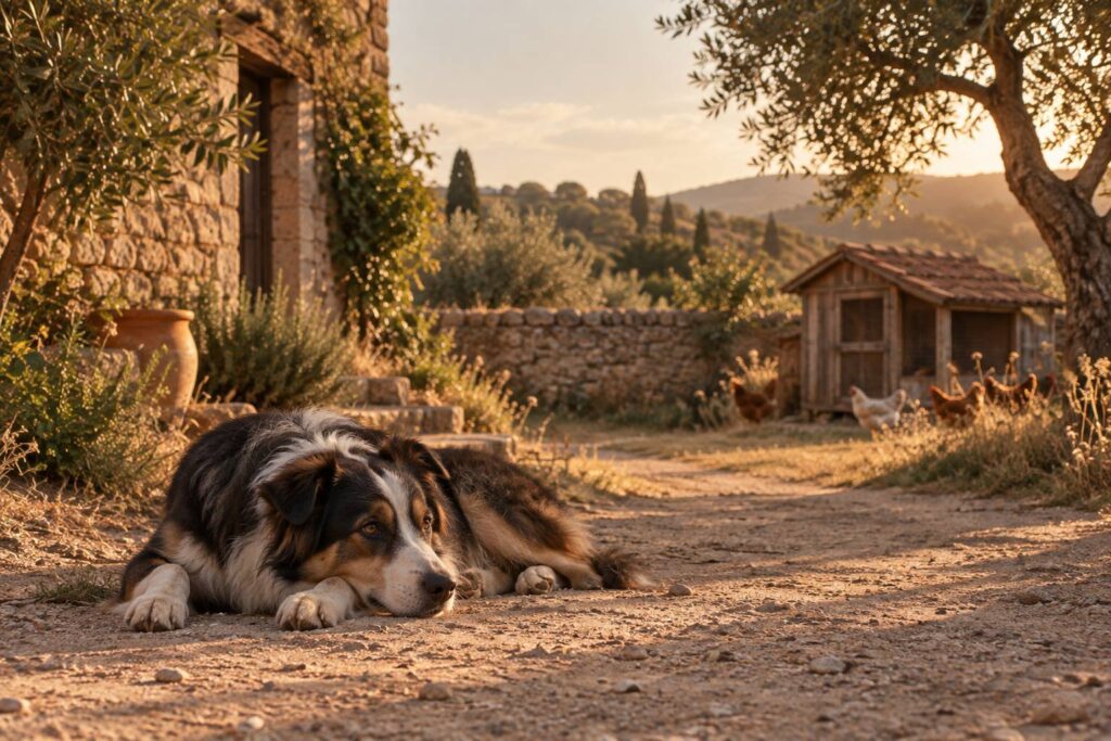 Chien de berger generique couche dans une cour de ferme ensoleillee