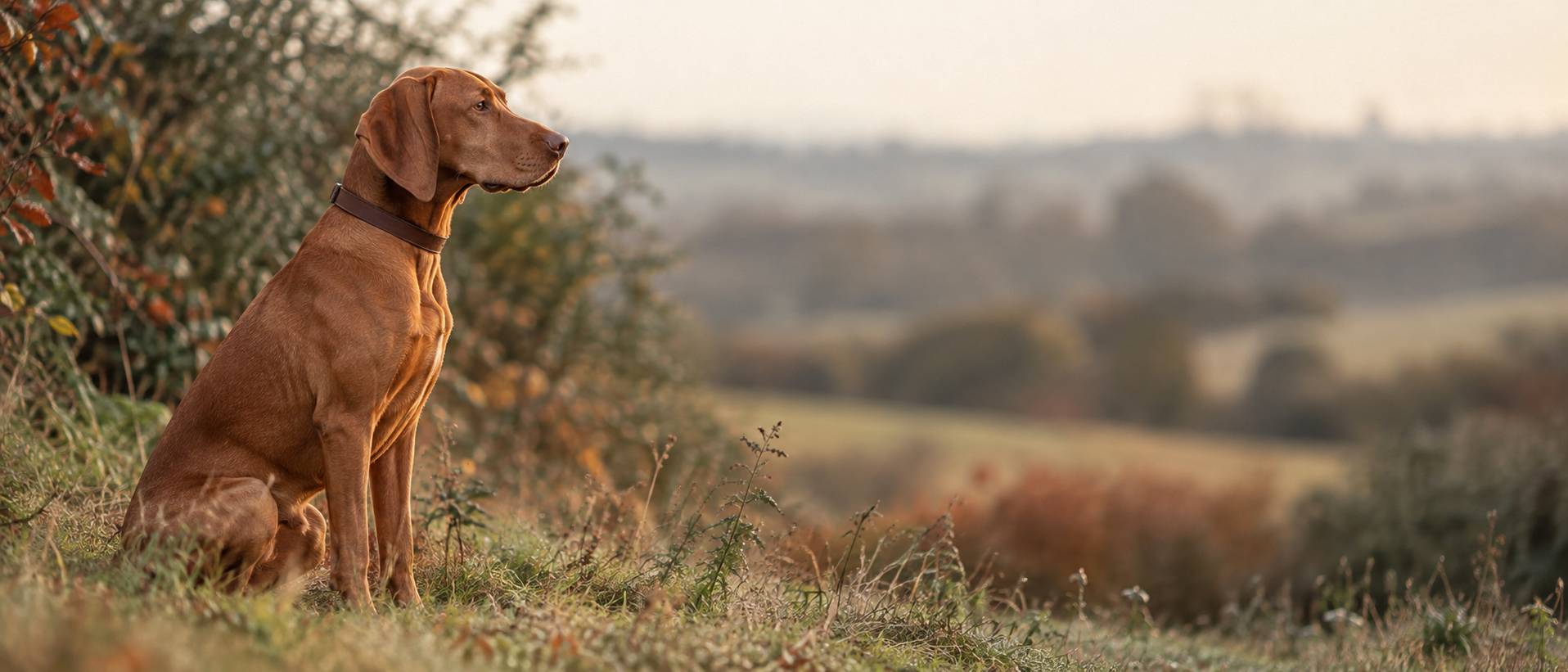 Chien de chasse fauve assis de profil devant une haie