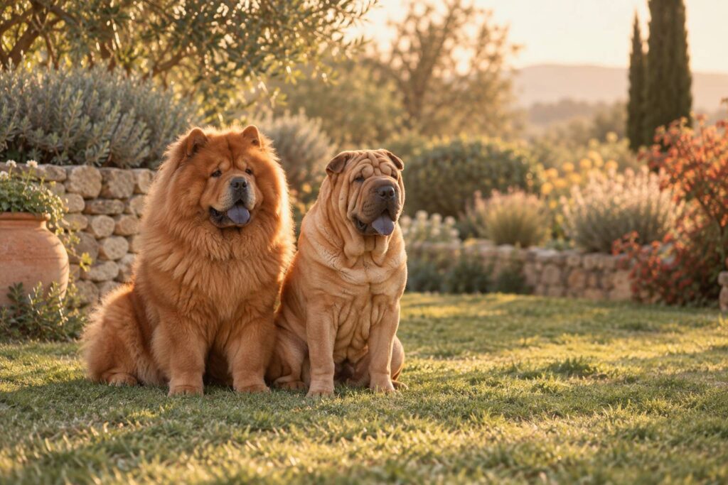 Deux chiens a robe epaisse et langue sombre assis sur une pelouse
