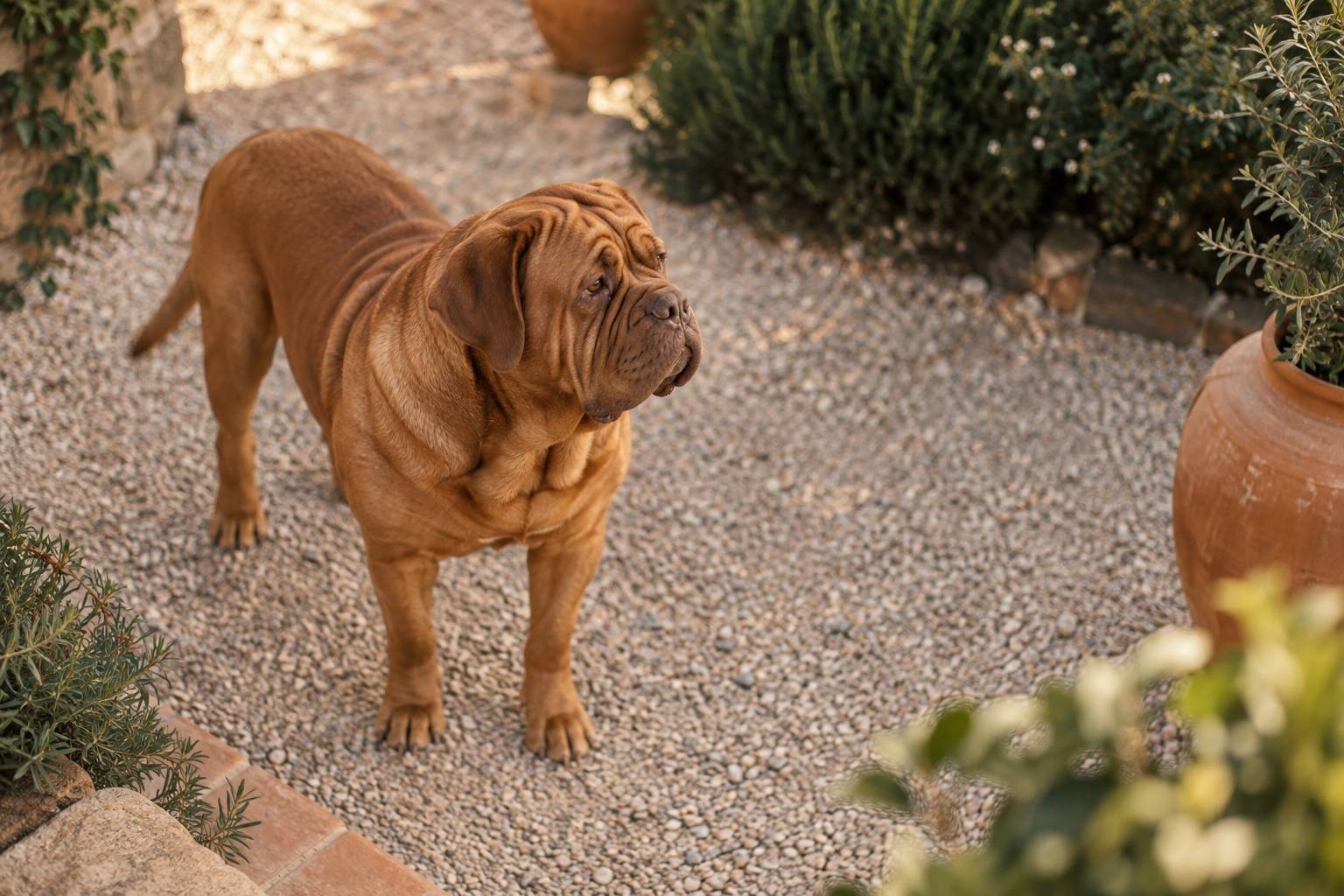 Chien a la robe fauve et aux plis marques dans un jardin