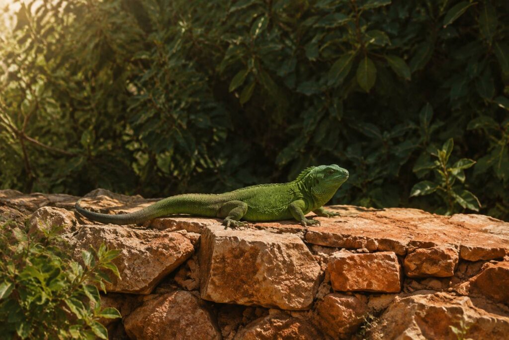 Lézard vert émeraude immobile sur un muret de pierres sèches ensoleillé