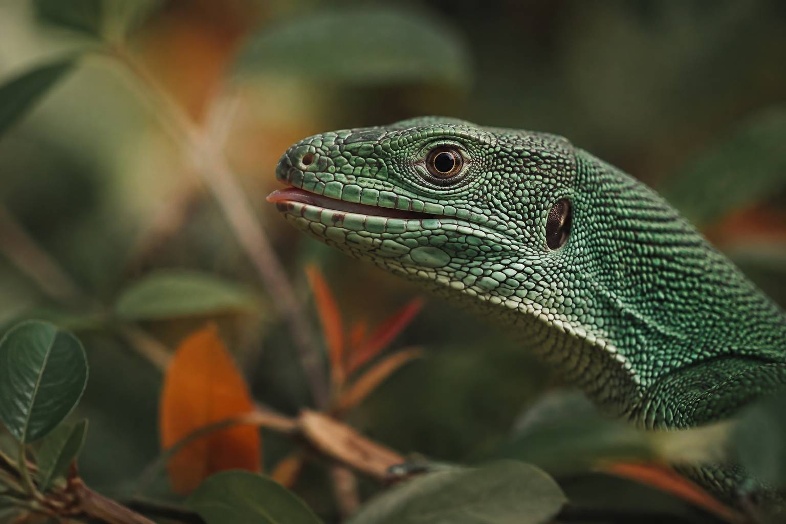 Tête de lézard vert aux écailles brillantes en gros plan naturaliste
