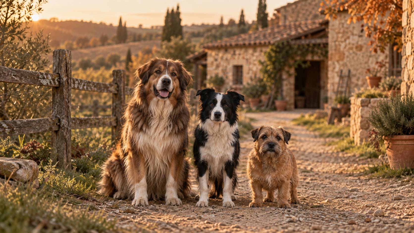 Trois chiens de berger de tailles differentes sur un chemin de ferme