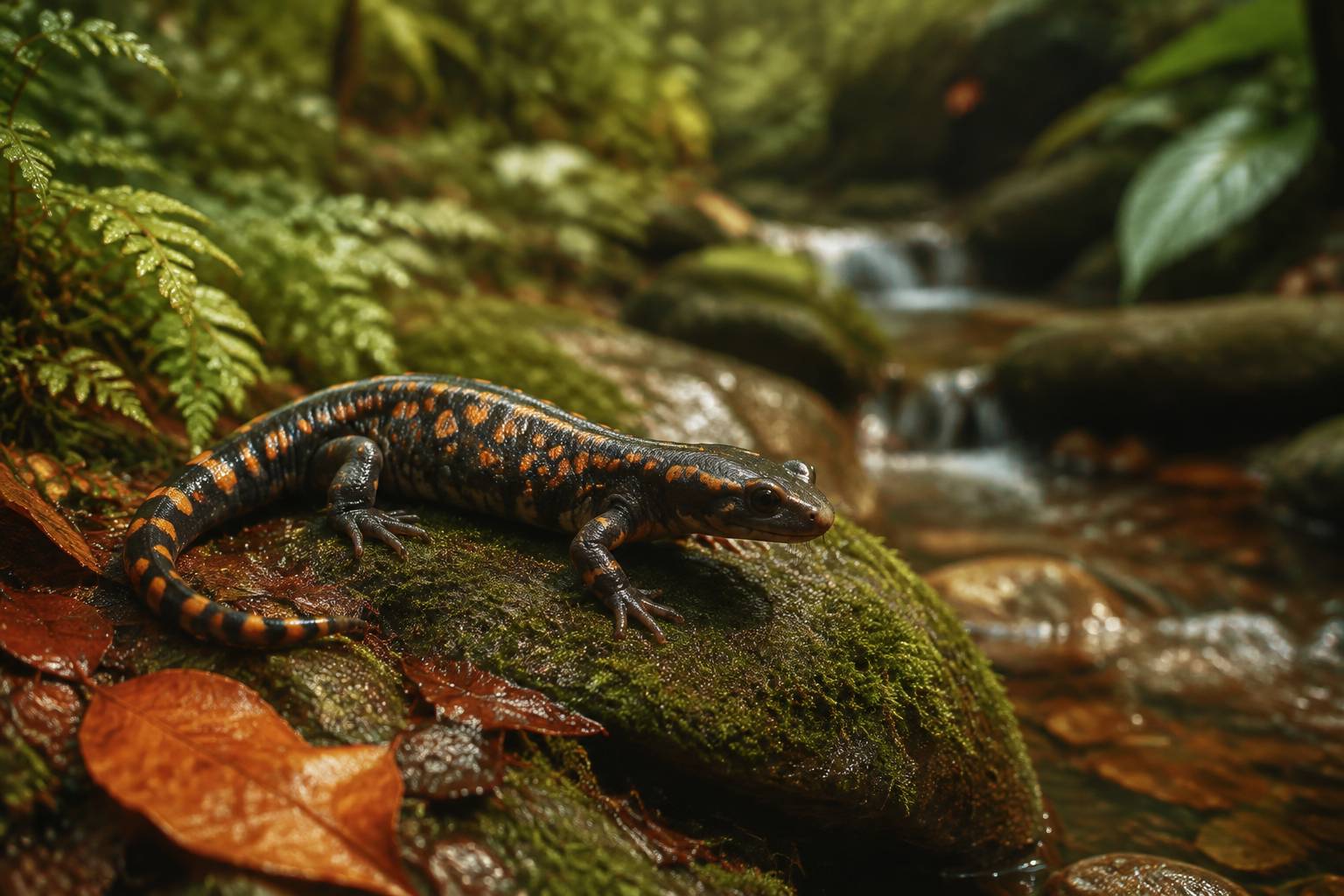Salamandre tachetée posée sur une roche moussue au bord d'un ruisseau en sous-bois