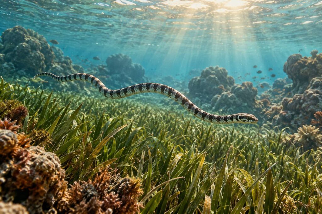 Serpent de mer rayé évoluant au-dessus d'un herbier marin en eau turquoise
