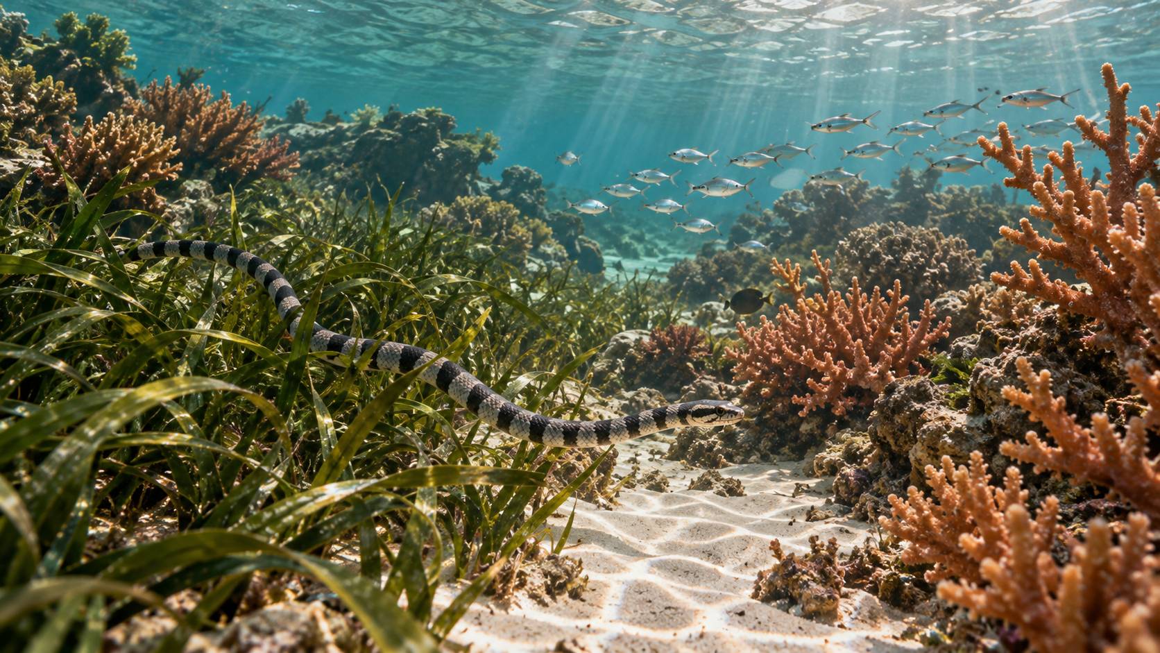 Récif tropical peu profond avec herbiers, coraux et banc de petits poissons