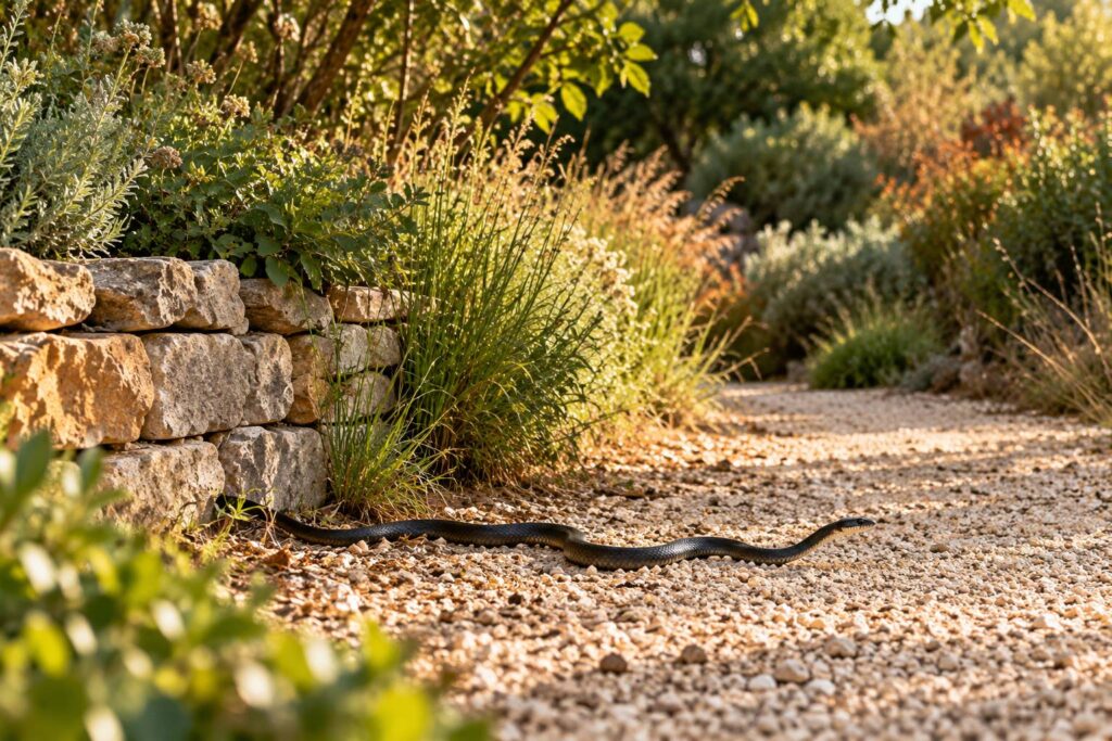 Serpent noir elance traversant une allee de gravier pres d'un muret de pierres seches