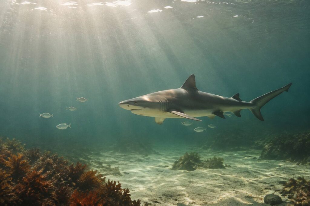 Requin gris nageant dans une eau claire traversée de rayons de soleil, illustration naturaliste