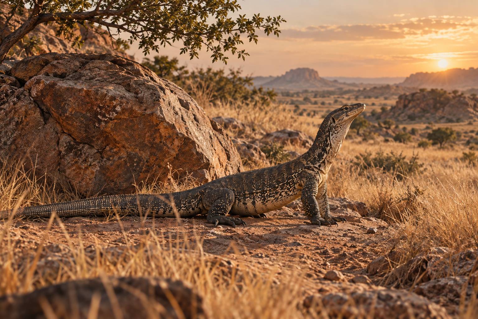 Grand varan au repos pres d'un rocher dans les hautes herbes