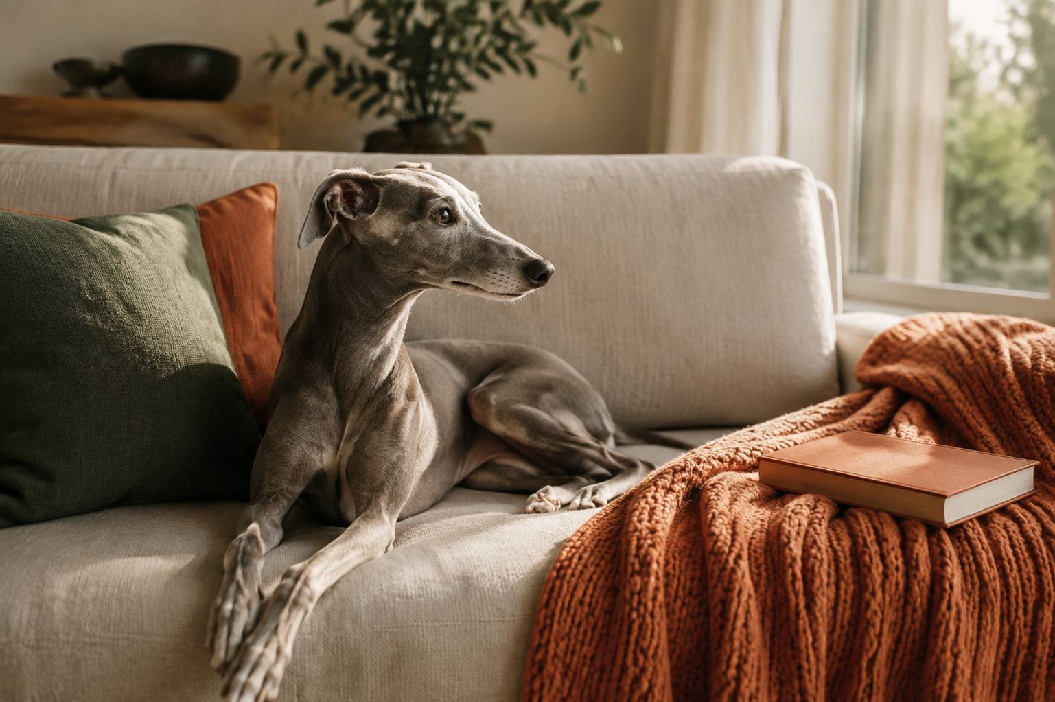 Whippet gris allongé sur un canapé en lin crème près d'une fenêtre lumineuse