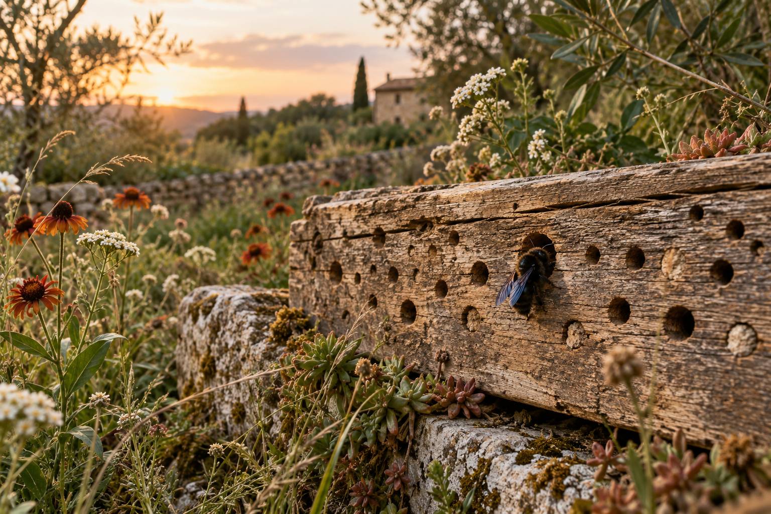 Abeille charpentiere a l'entree d'une galerie dans un vieux bois