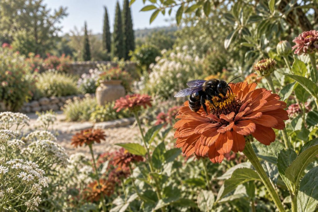 Abeille charpentiere noire posee sur une fleur dans un jardin
