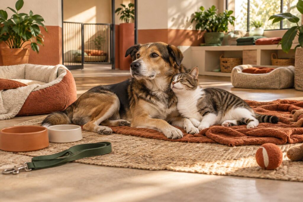Rifugio per animali luminoso con cane e gatto in un box accogliente