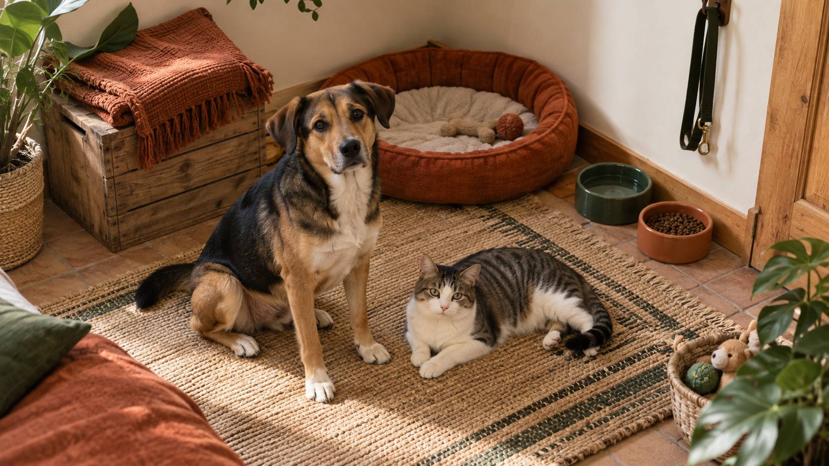 Cane e gatto vicino a un cesto e una ciotola in un rifugio per animali