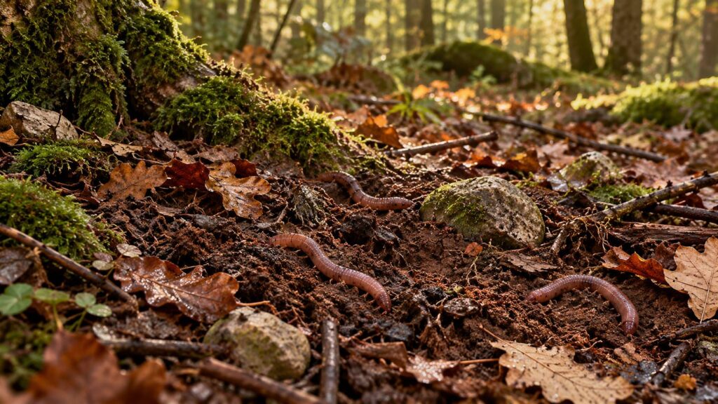 Vers de terre sur un sol de foret humide avec feuilles mortes