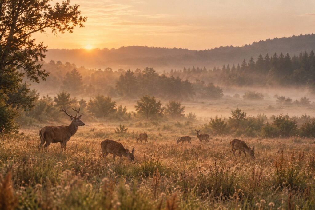 Troupeau de cerfs et chevreuils broutant dans une prairie au lever du jour