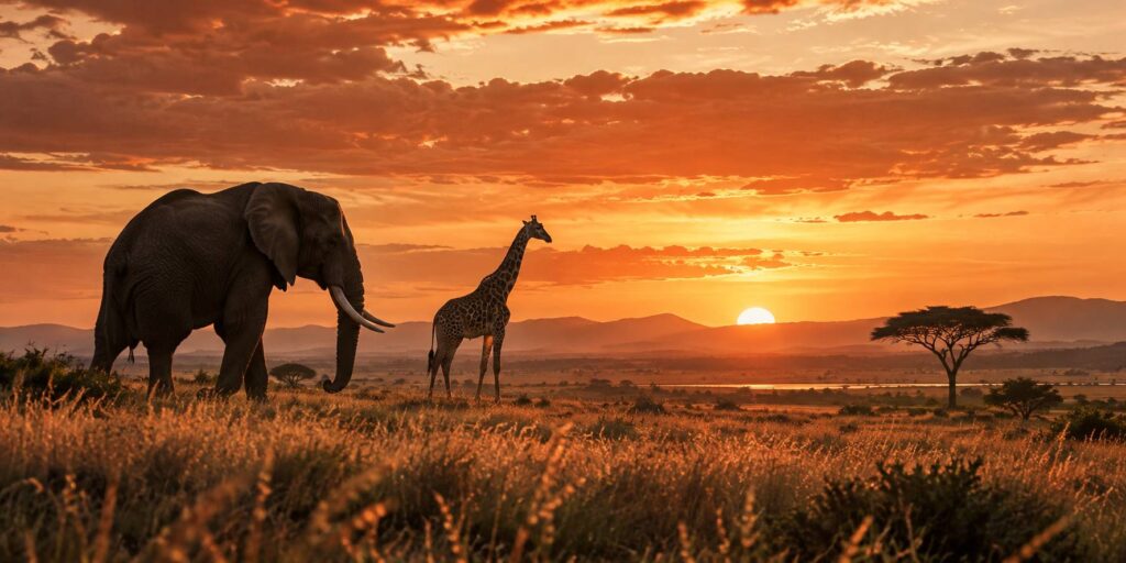 Éléphant et girafe imposants dans une savane au coucher du soleil