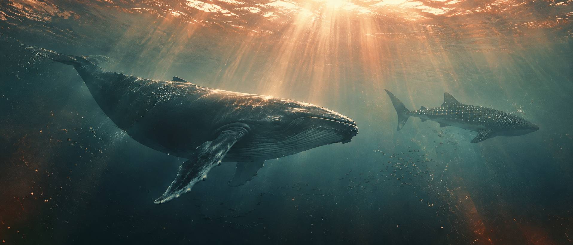 Baleine géante et requin-baleine dans un océan profond et lumineux