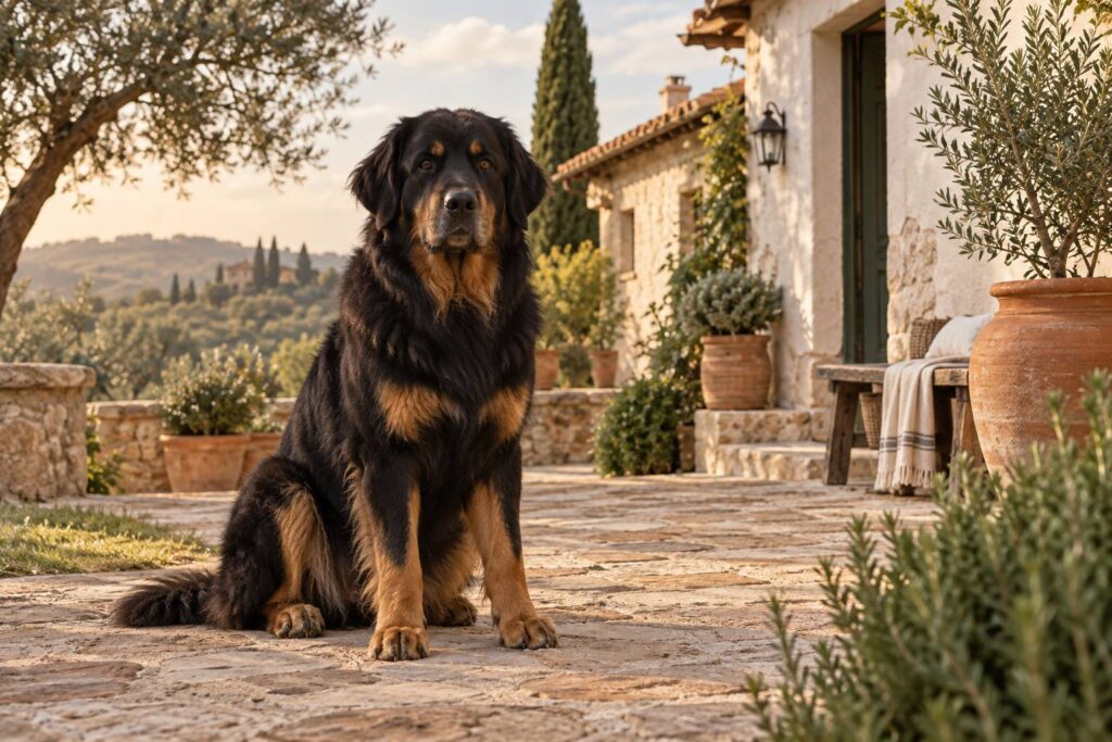 Grand chien de garde noir et feu attentif devant une maison à la campagne