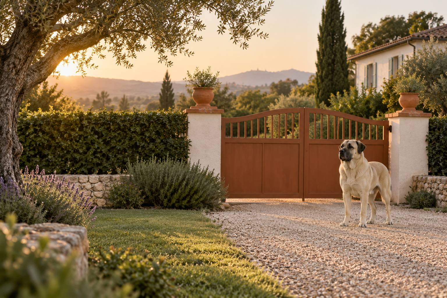 Grand chien de garde molossoïde près d'un portail de jardin clôturé