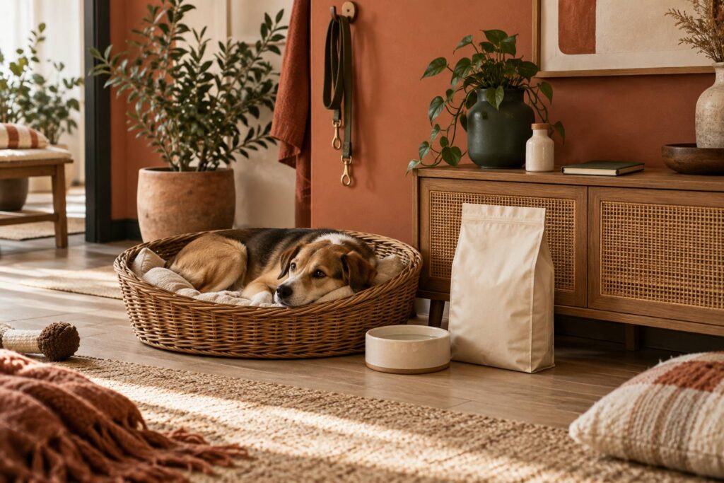 Chien couché sur un panier près de sa gamelle dans un intérieur domestique calme