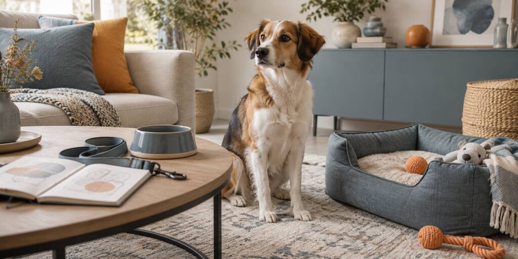 Chien générique assis près d'un panier avec laisse et carnet sur une table