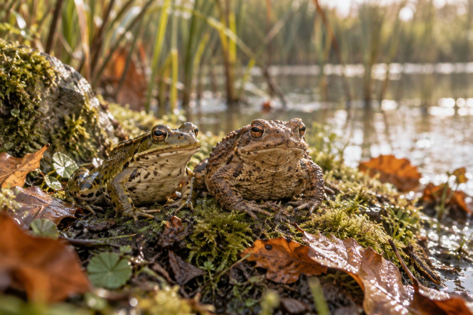 Grenouille et crapaud sur un sol humide moussu en bordure d'etang