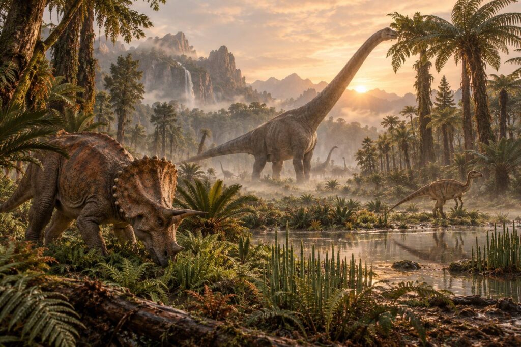 Troupeau de dinosaures herbivores generiques dans une plaine prehistorique luxuriante au petit matin