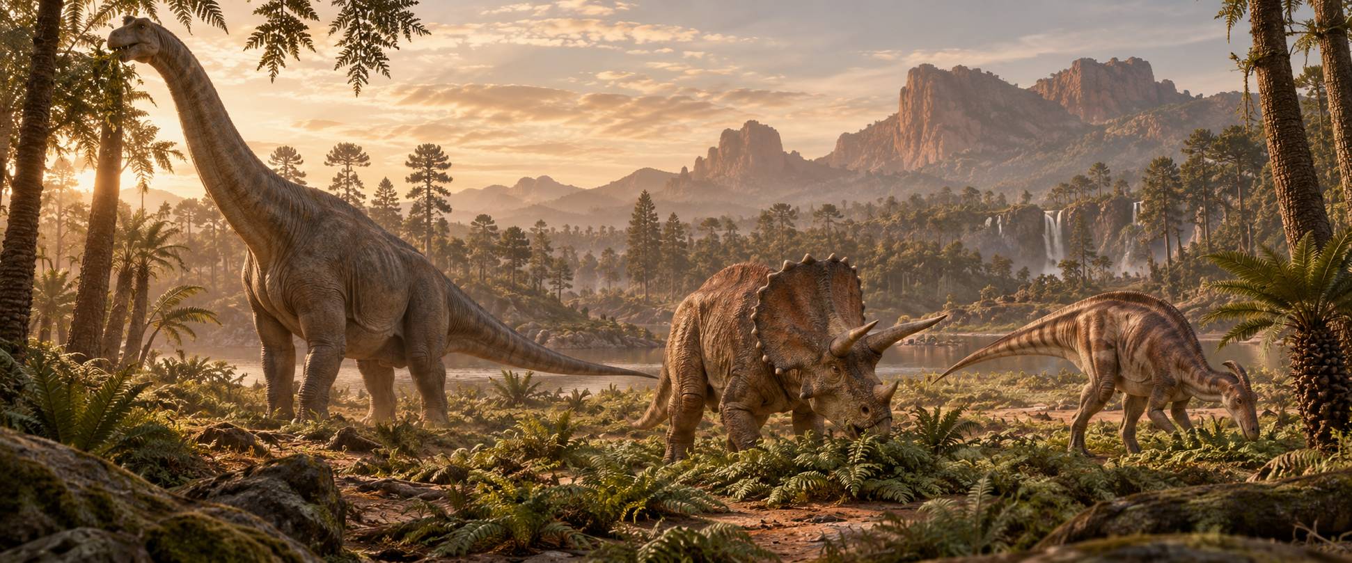 Dinosaures herbivores generiques de differents types broutant dans une clairiere prehistorique