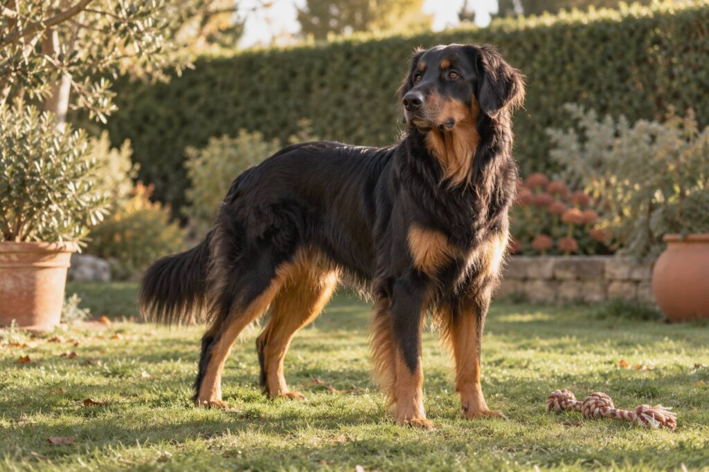 Chien de grande taille au pelage noir et fauve debout dans un jardin