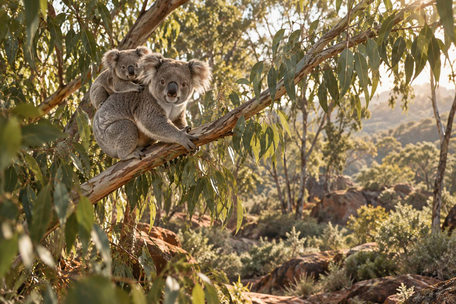 Koala avec son petit accroché à une branche dans un sous-bois clair
